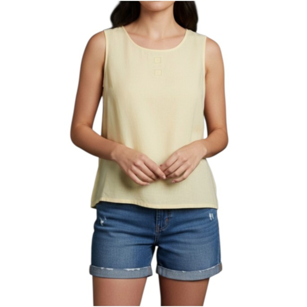 VTG Y2K David Dart YELLOW LINEN TANK TOP BLOUSE Side Slits EMBROIDERED Detail M